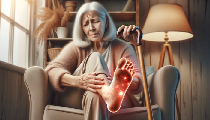 Elderly Woman Portraying Neuropathy Symptoms | Reflection on Mobility Challenges