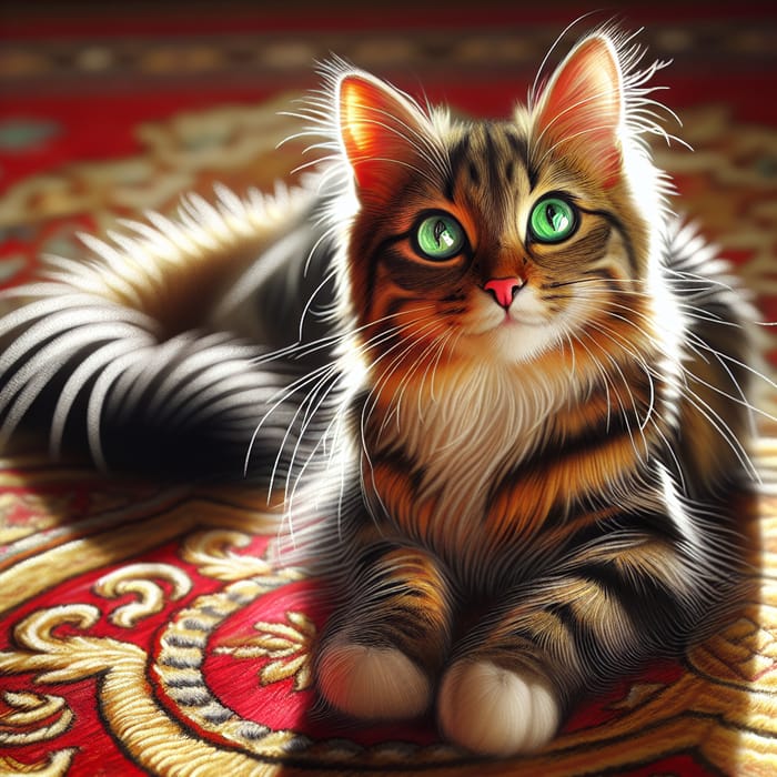 Vibrant Striped Cat on Oriental Rug | Emerald Eyes & Playful Pose