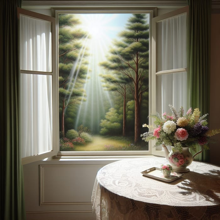 Realistic Scene: Table with Flowers, Sunlight, and Garden View