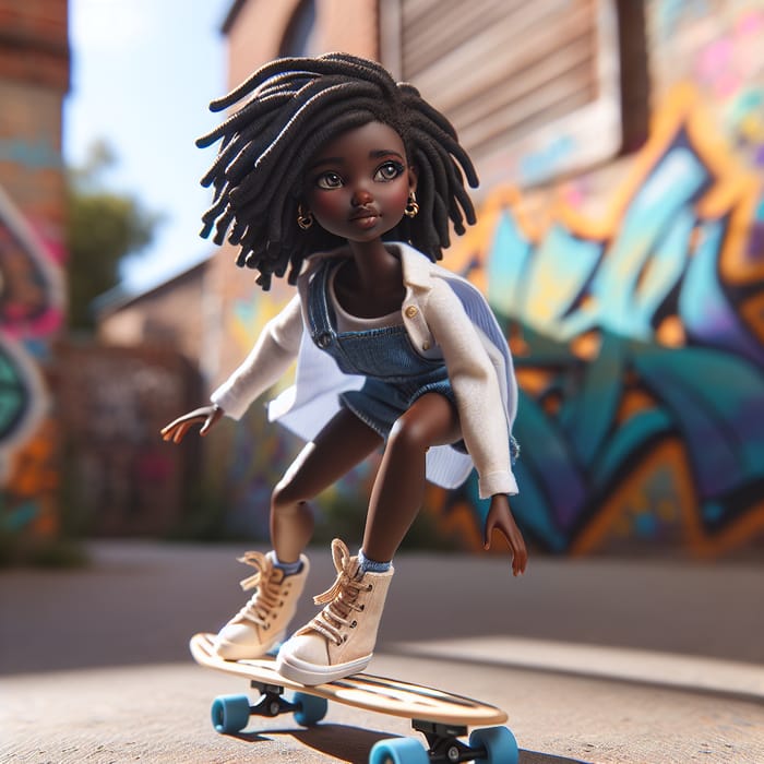 Doll Print Black Girl on a Skateboard with Dreadlocks