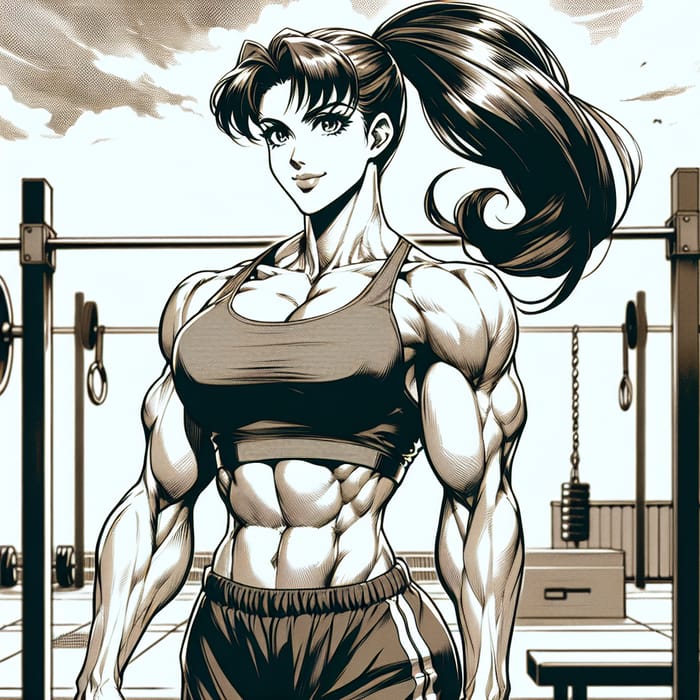 Muscular Female Anime Character in Gym Setting