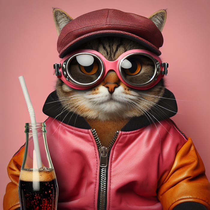 Stylish Cat in Pink Jacket with Goggles and Black Cap