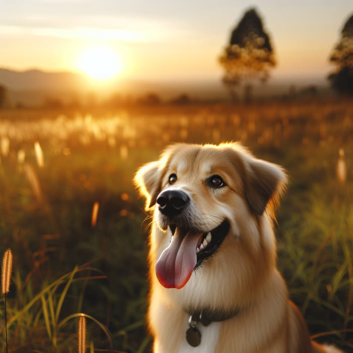 Happy Dog Watching Sunset in Grassy Field