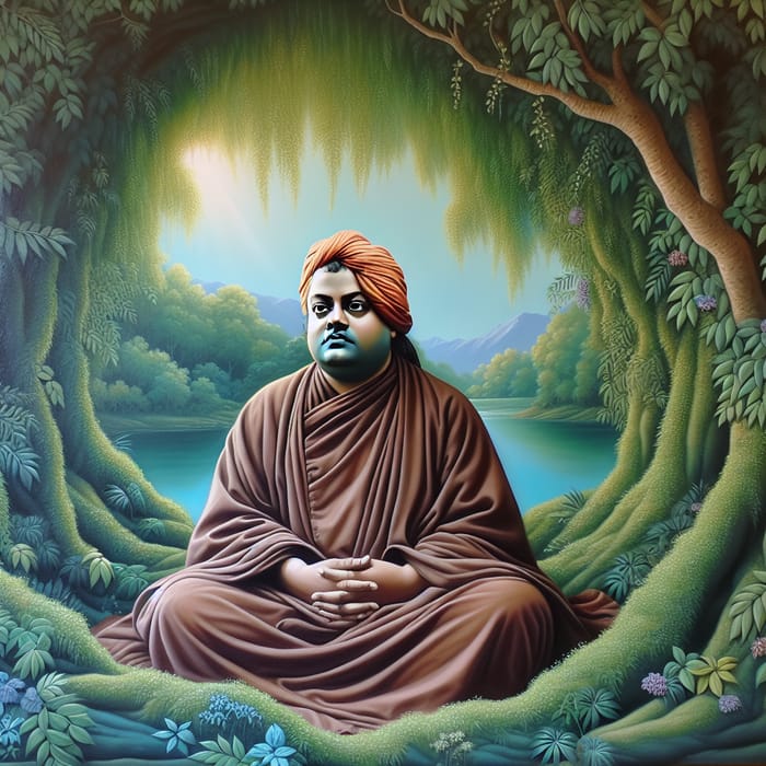 Swami Vivekananda Meditating in Tranquil Natural Landscape