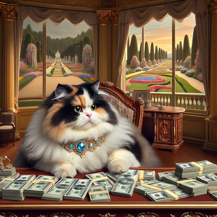 Cat Millionaire Counting Cash in Lavish Mansion
