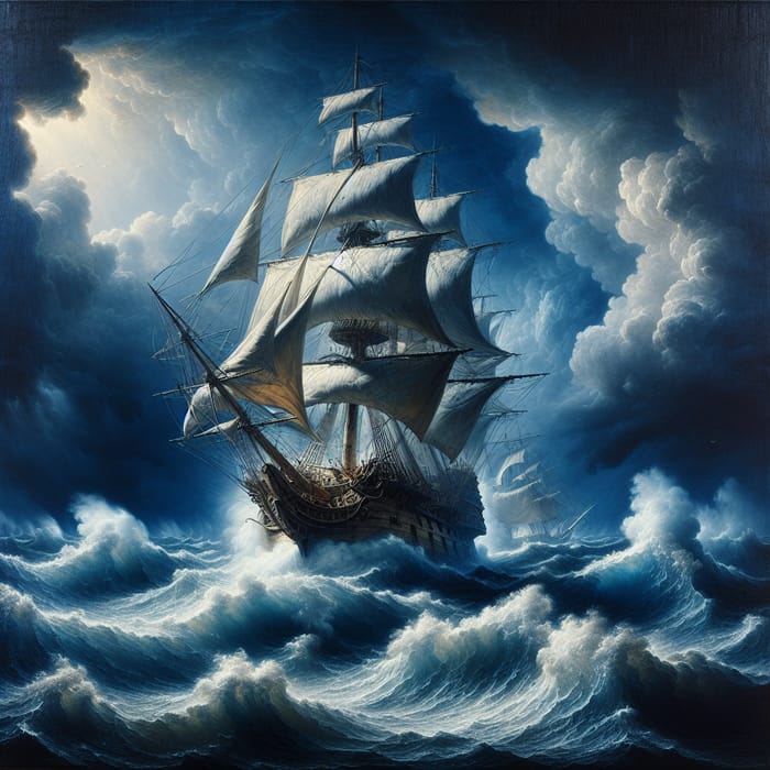 Majestic 17th Century Ship Sailing Through Stormy Night - Historical Genre Painting