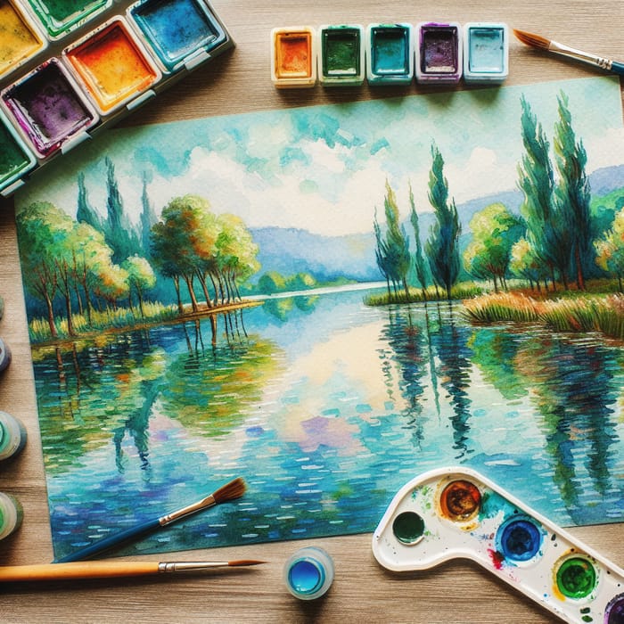 Tranquil Lake Watercolor Inspired by Van Gogh