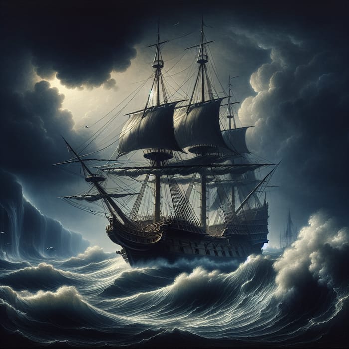 Majestic 17th-Century Ship in Dramatic Stormy Night Scene