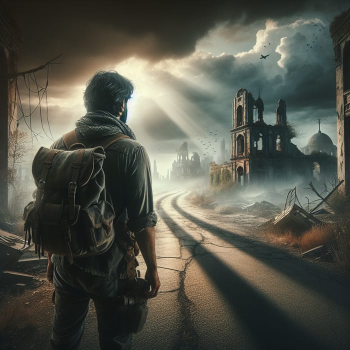 Post-Apocalyptic Scene: Man Walking in Desolate World