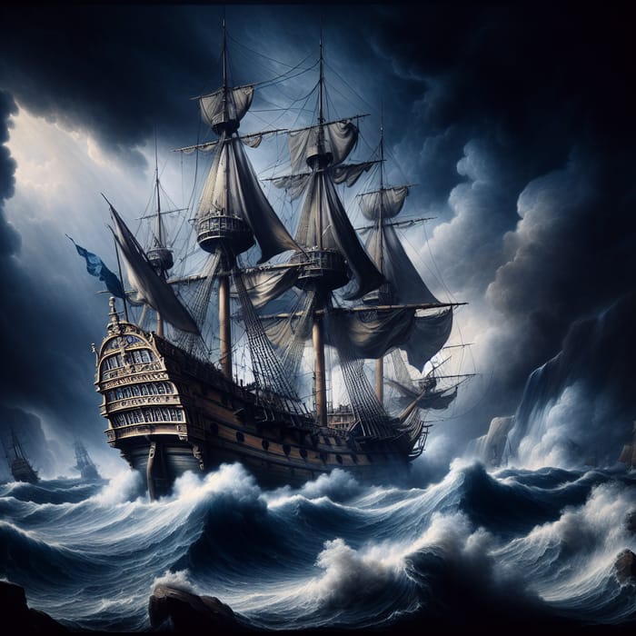 Majestic 17th-Century Ship in Stormy Night Scene