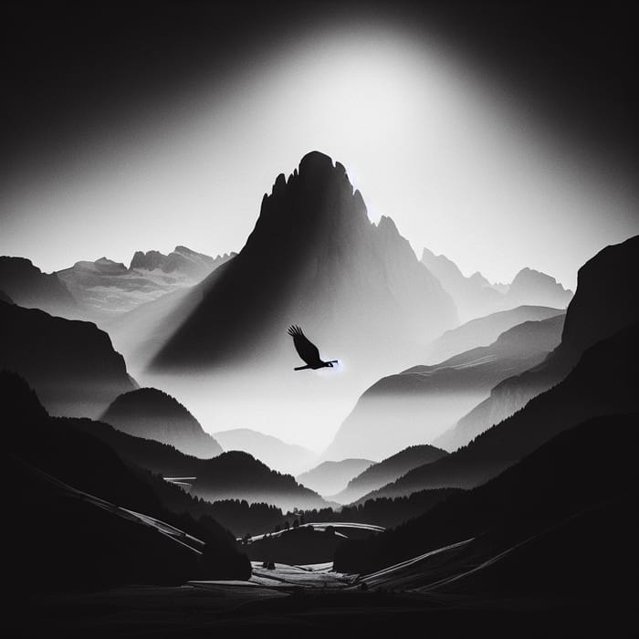 Majestic Mountain Silhouette with Flying Bird in Monochrome