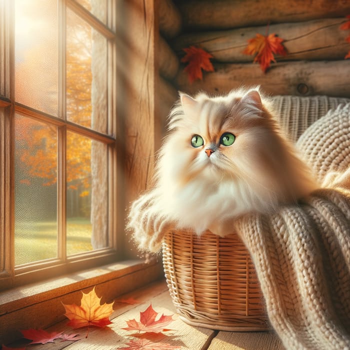 Beautiful Cream Persian Cat Admiring Autumn Scenery