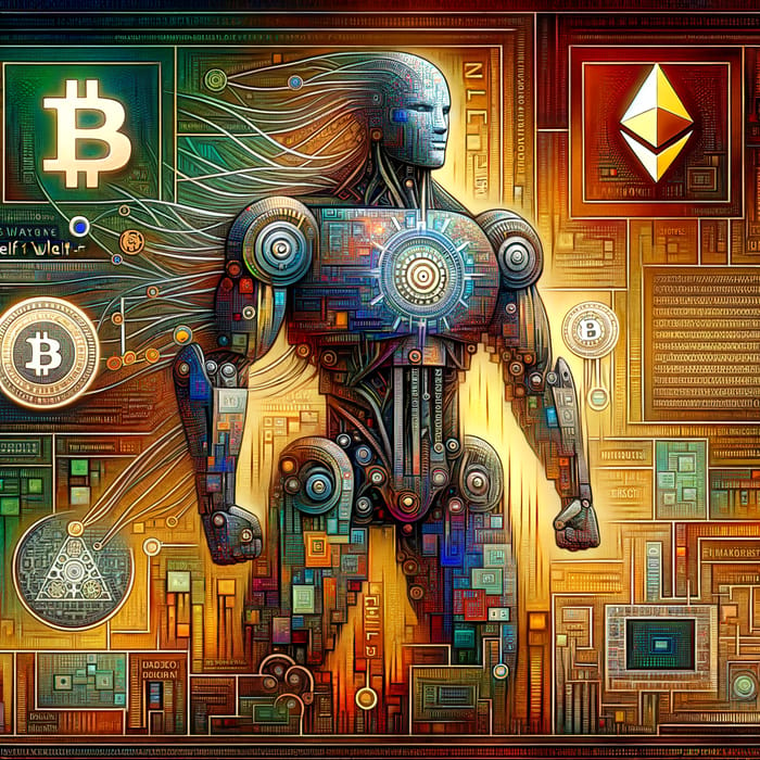Giant Robot in Blockchain Ecosystem with SEFL Wallet and Crypto Logos