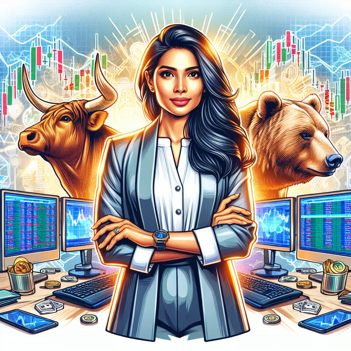 Catchy Stock Trading Avatar: Confident South Asian Woman in Markets