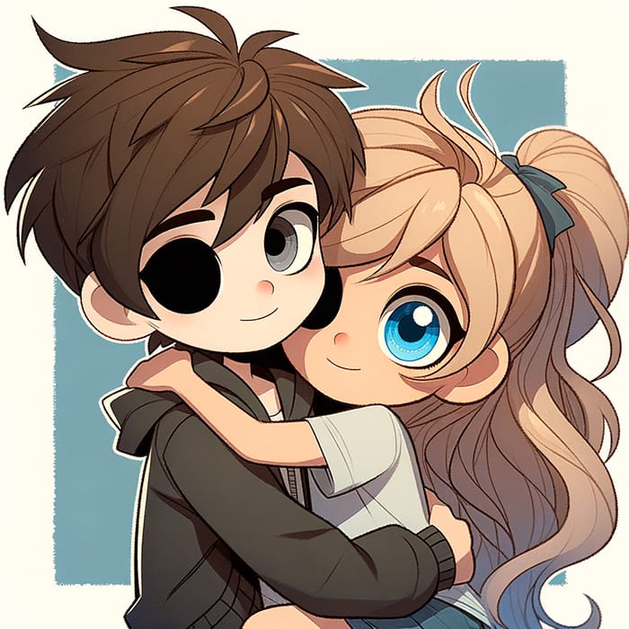 Charming Disney Pixar Cover Art: Brown-Haired Boy with Mismatched Eyes Embracing Blue-Eyed Blonde Girl