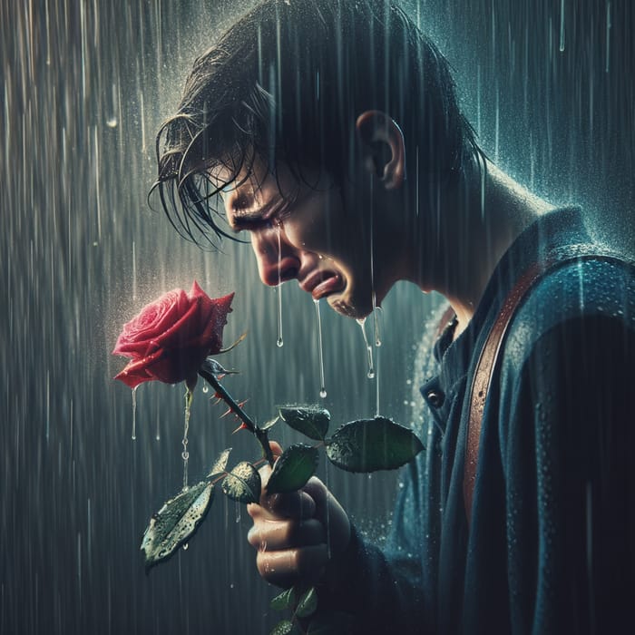 Emotional Scene in the Rain: Tears, Thorns, and a Red Rose