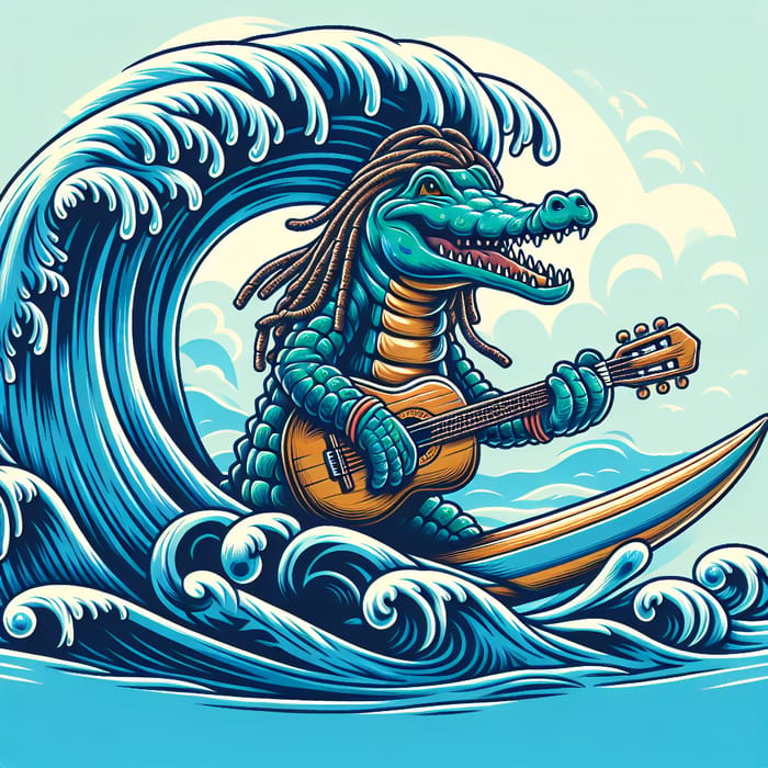 Crocodile with Braids Playing Guitar on Surfing Wave