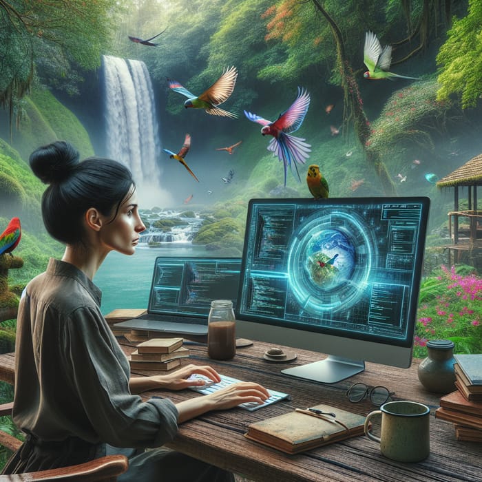 Skilled Coder in Nature Workspace | Middle-Eastern Woman with Jet-Black Hair