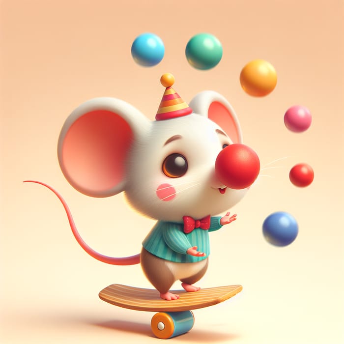 Playful Mouse Juggling Colorful Balls on Balance Board