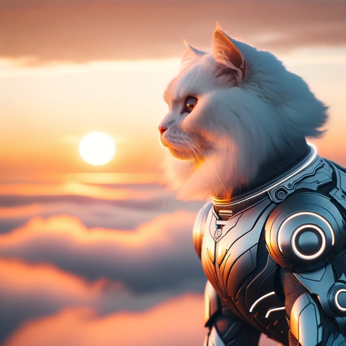 Futuristic White Cat in Sunset Scene