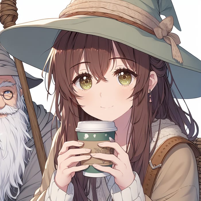 Charming Anime-Style Illustration of Young Woman and Gandalf Enjoying Coffee