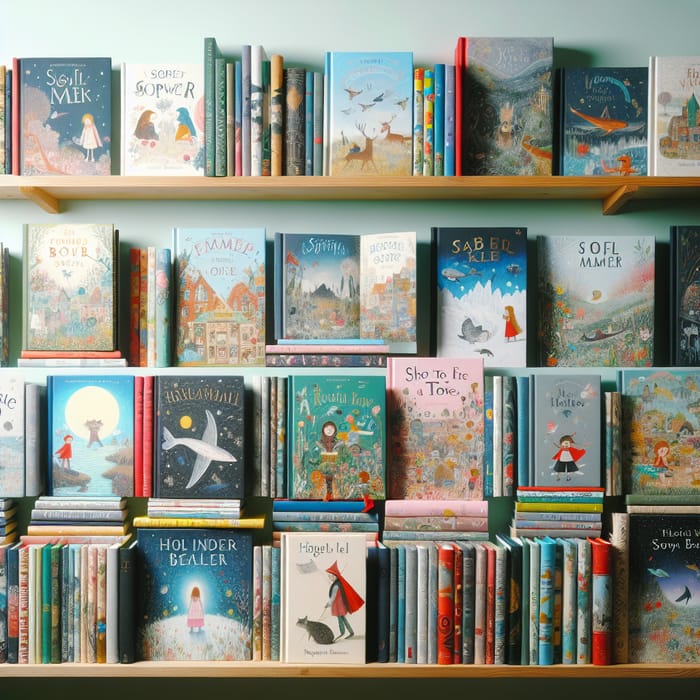 Beautiful Picture Books Displayed on Wooden Shelf