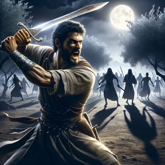 Courageous Swordsman in Ancient Israel Night Olive Grove
