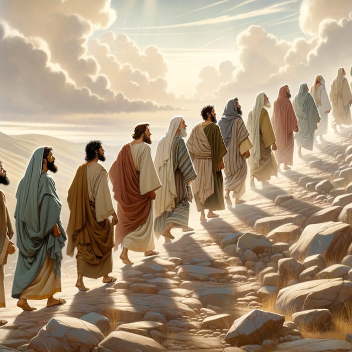 Eleven Disciples Ascending Hill in Ancient Israel