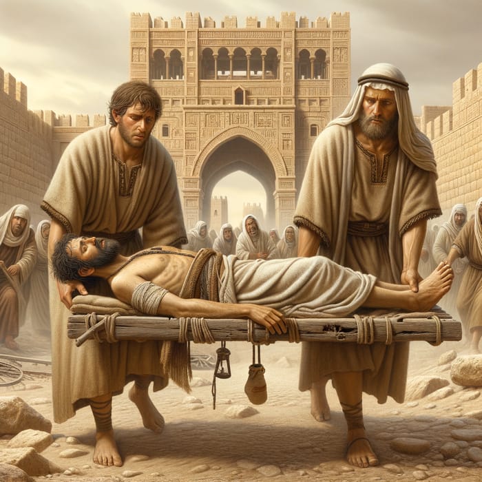 Ancient Israeli Men Transporting Sick Man at a City Gate