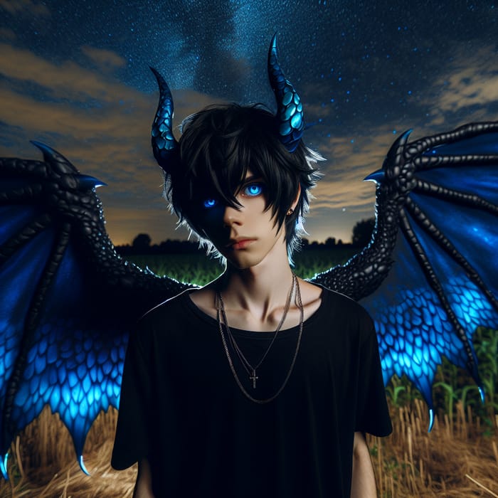 Young Man with Demon Wings and Blue Scales in Field at Night