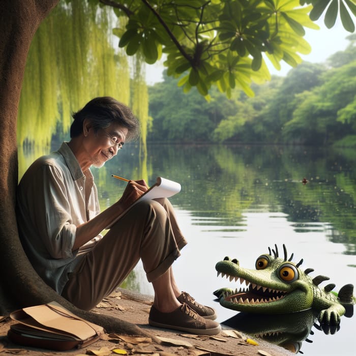 Man Writing Under Tree by Lake, Crocodile Watching