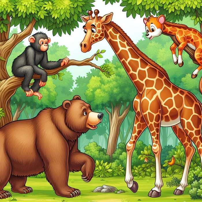Playful Forest Encounter: Bear, Giraffe, Monkey, Squirrel
