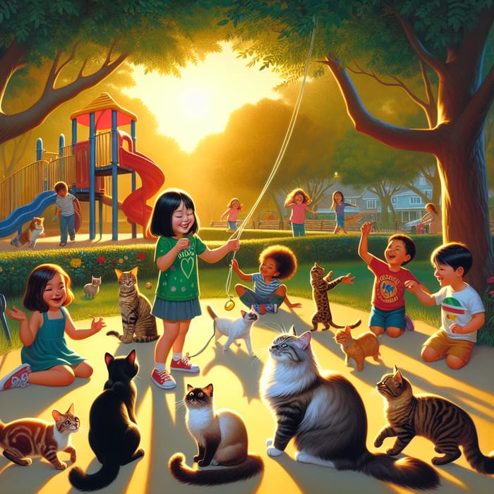 Kids Playing with Cats in Multicultural Park
