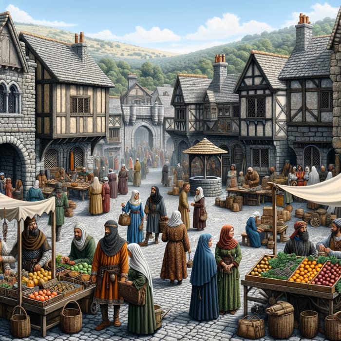 Medieval Town Square Scene with Diverse Characters