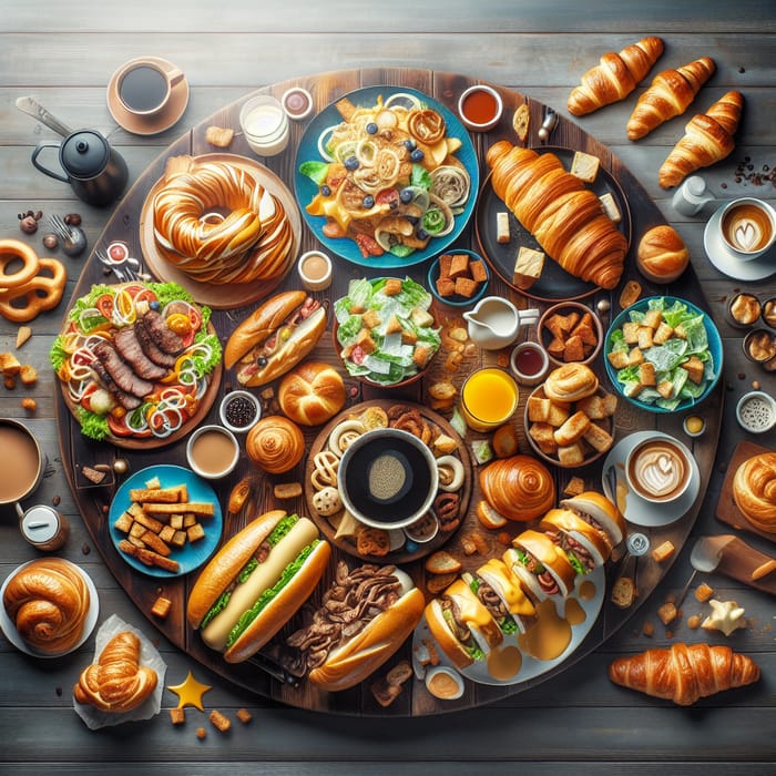Mouth-Watering Food Art: Cheesesteak, Salad, Croissants & Coffee