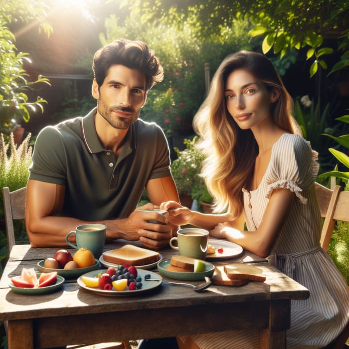 Serene Hispanic Husband and Caucasian Wife Enjoy Breakfast in Lush Garden
