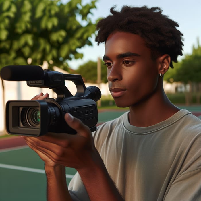 Young African American Using Video Camera Outdoors