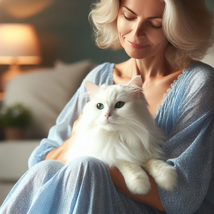 White Cat Sitting on Lady's Lap | Serene & Loving