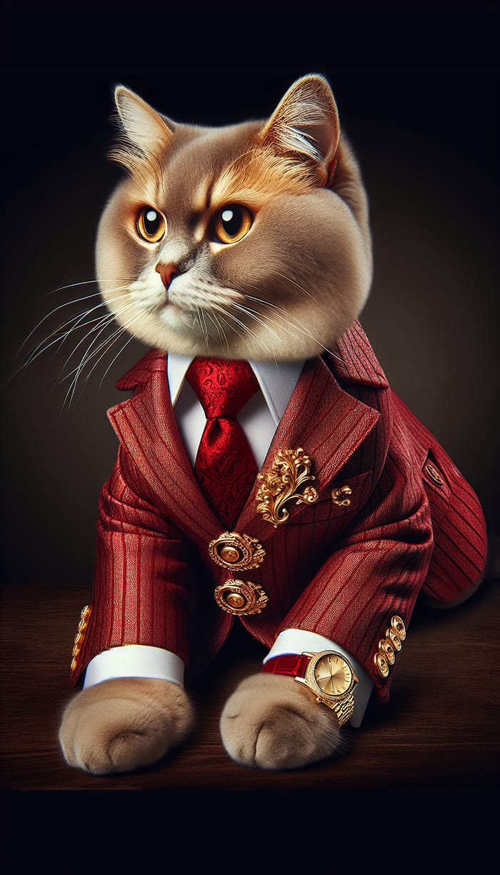 Elegant Red Cat in Stylish Gold Suit