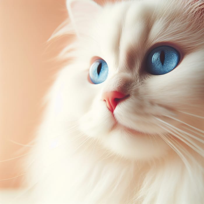 White Cat with Striking Blue Eyes on Soft Orange Background