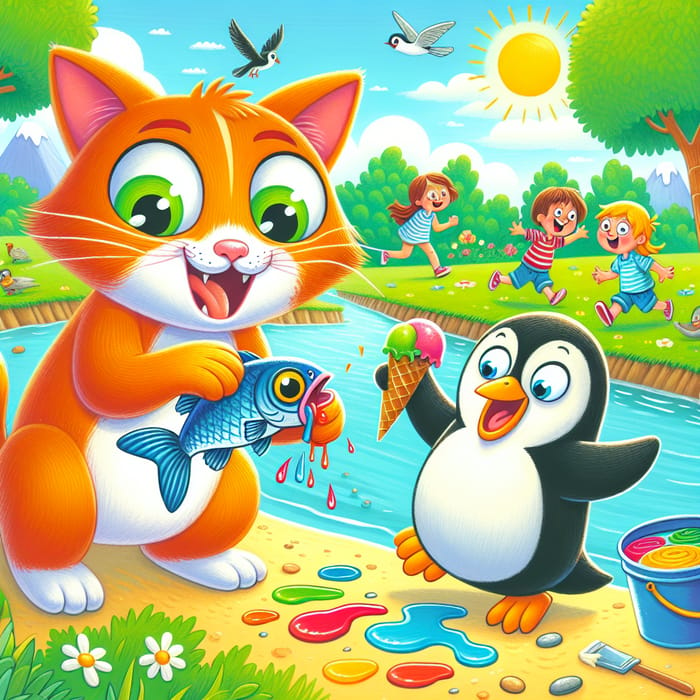 Whimsical Illustration of a Funny Cat and Penguin in a Comedic Park Scene