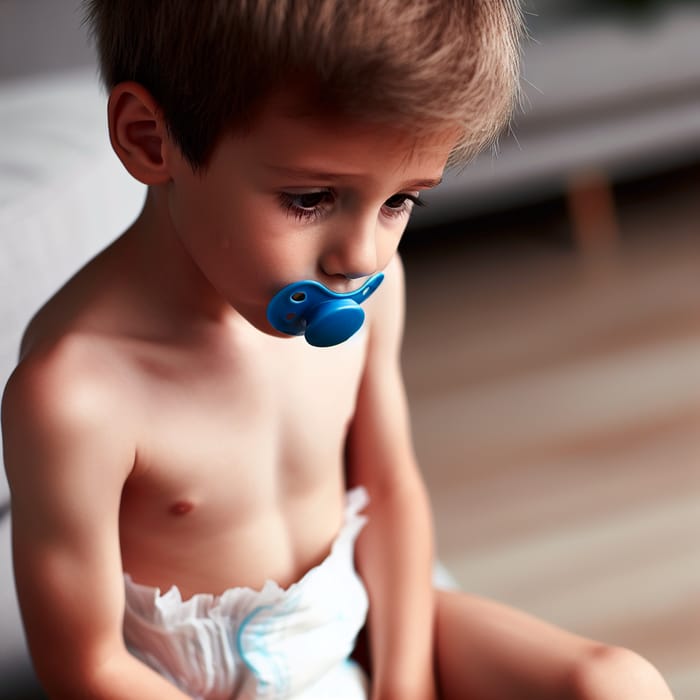 Adorable 8-Year-Old Boy in Diaper with Pacifier