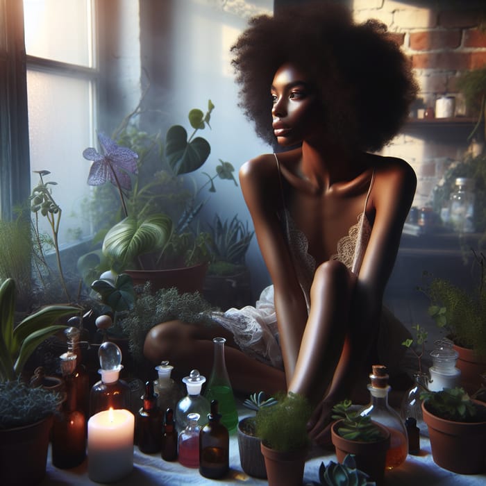 Mystical African American Woman Surrounded by Plants and Potions