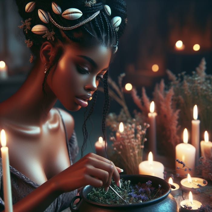 Tranquil African American Woman Amid Candles and Herbs