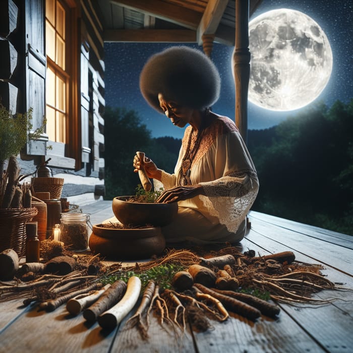 Serene Night Scene with Wise African American Woman Rootworker Herbalist