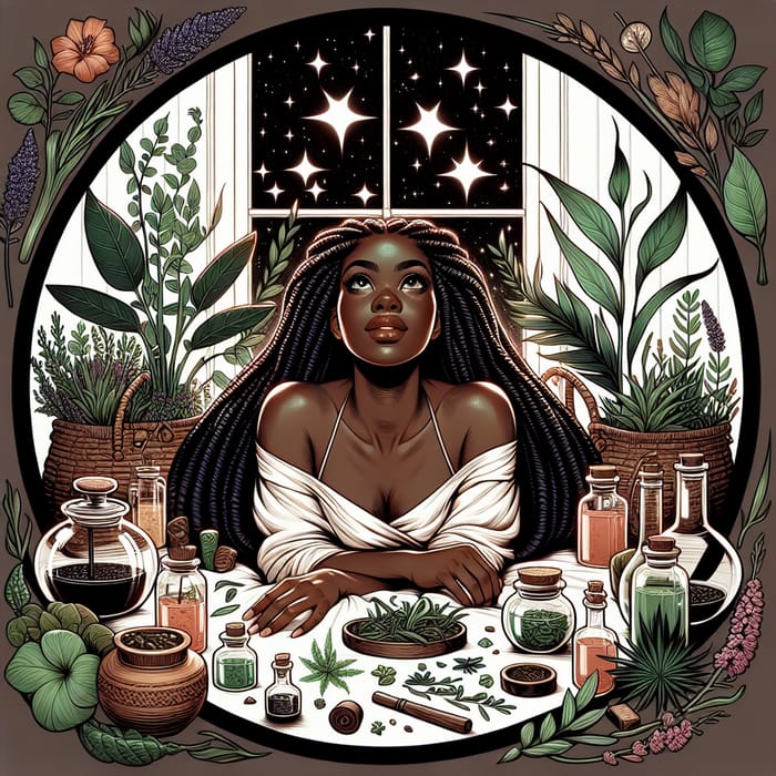 Serene African American Woman Surrounded by Plants and Herbs