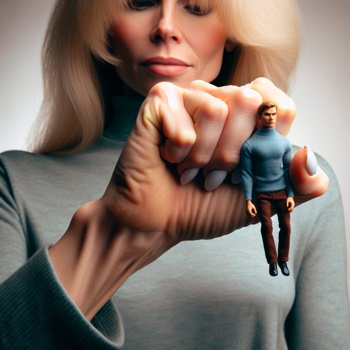 Blonde Woman Squeezing Tiny Man in Fist - Dominance Displayed
