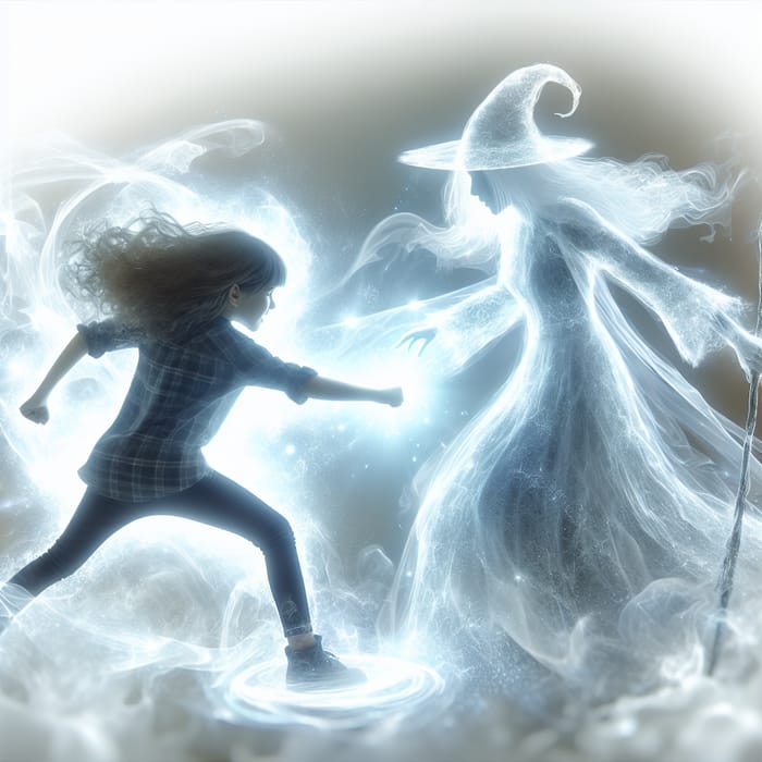 Girl Engages in Battle with Witch in Ethereal Light