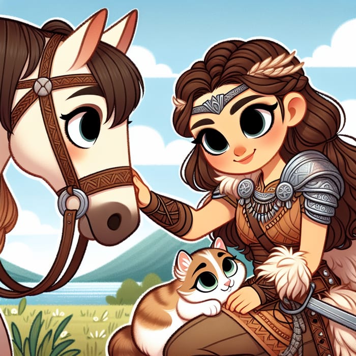 Warrior Princess: Disney-like Illustration with Majestic Horse & Fluffy Cat