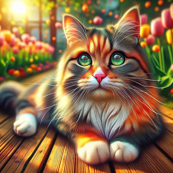 Cute Cat Basking in Sunlight on Deck with Flowers
